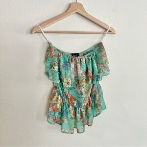 Turquoise Floral Ruffle Top - Strapless and semi sheer